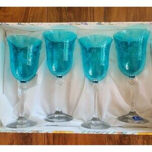 4 Le Stelle Crystal Wine Glasses Goblets Italy Turquoise Butterfly Leaf Pattern
